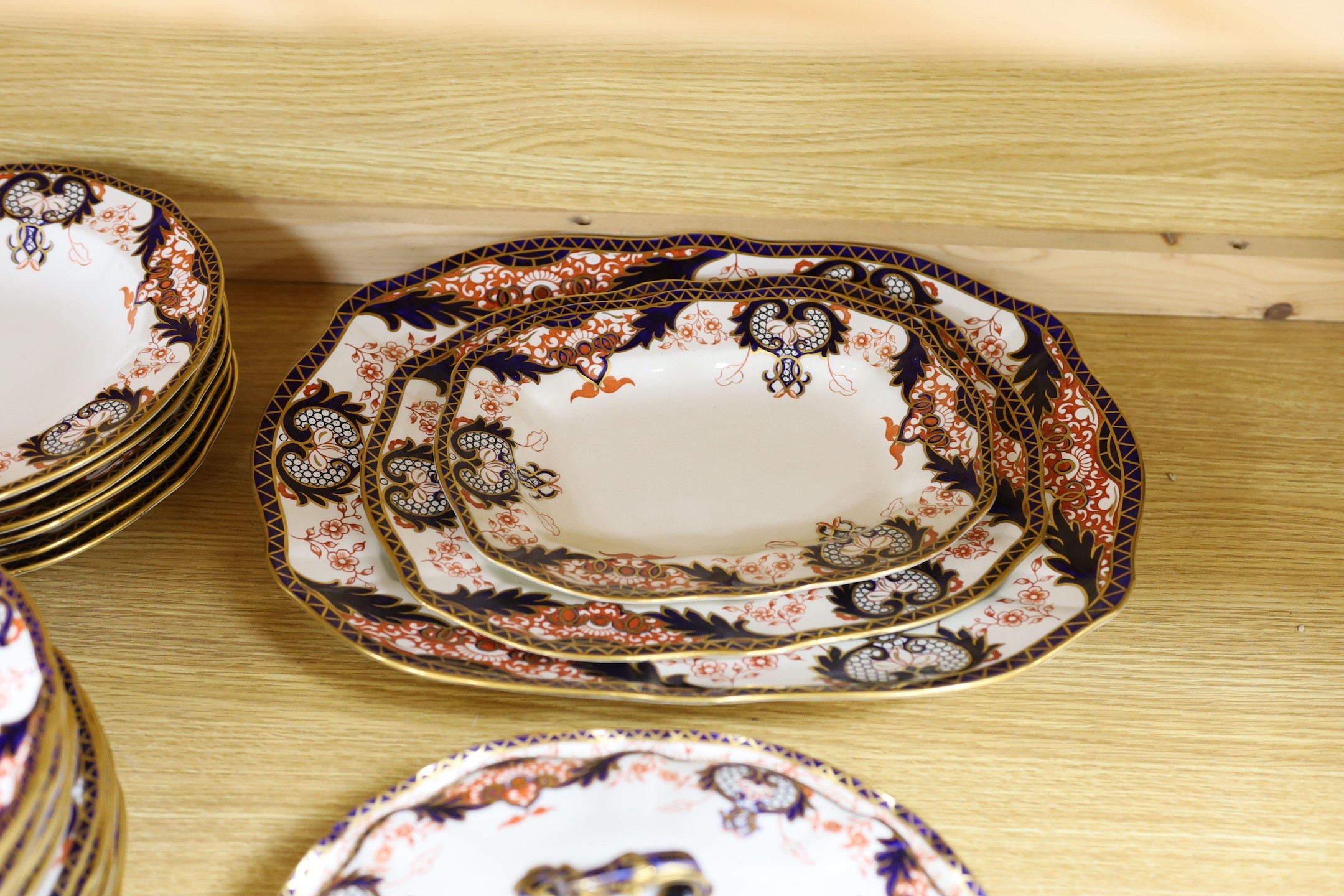 Thirty six pieces of Royal Crown Derby pottery Imari dinner wares, pattern 3615